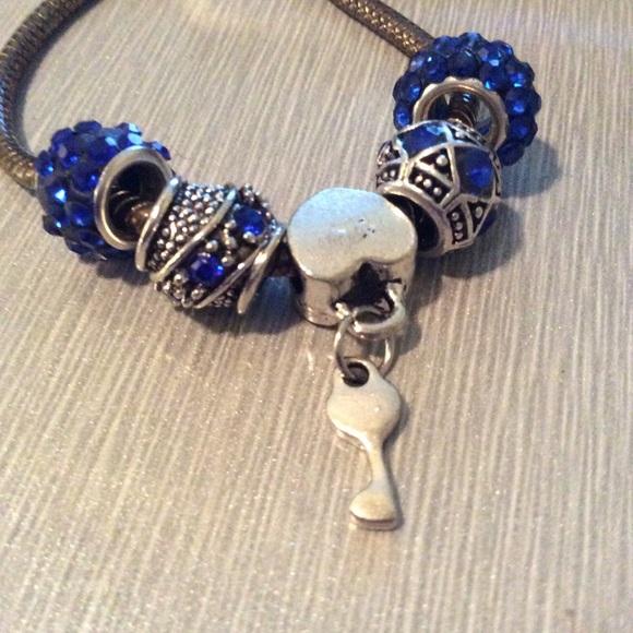 🍒 5PC DARK BLUE BEAD CHARMS HEART KEY NECKLACE NAVY WIDE HOLE SPARKLE DIAMOND - Picture 4 of 7